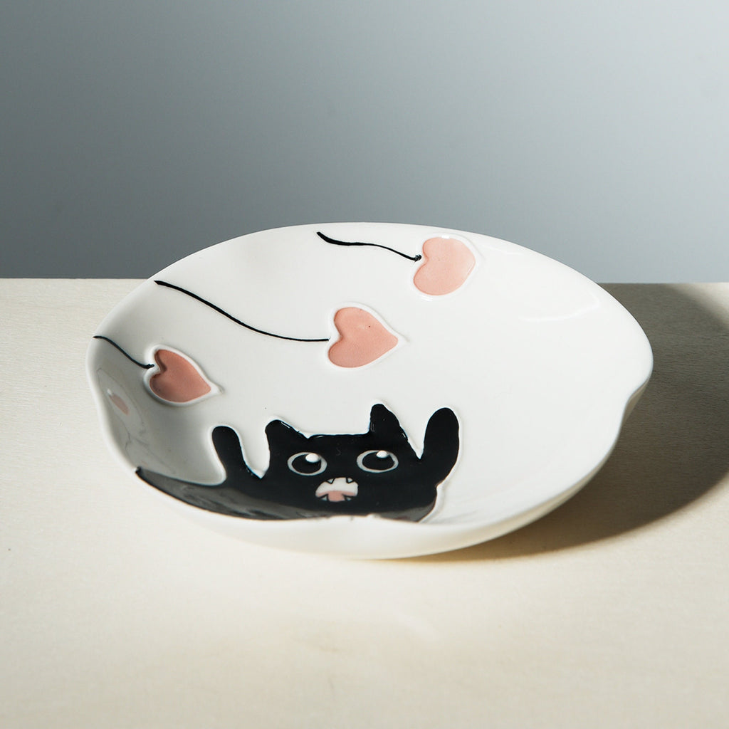 Black cat white ring dish | Handmade ceramic dish | Cat food bowl | Kawaii kitty design | Trinket or key dish | Jewelry tray