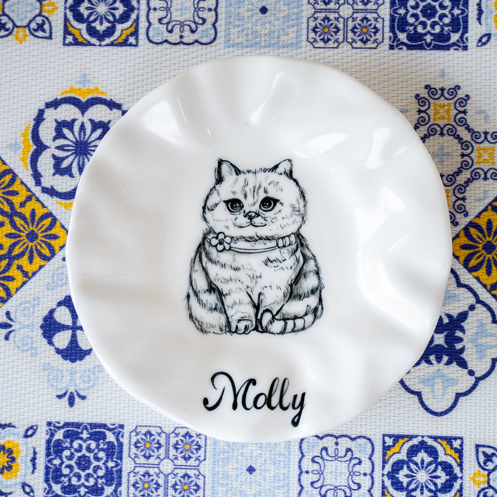 Custom Cat Plate Feeding Bowl Ring Dish Handpainted Ceramic Plate Custom Name Personalized Cat Lover Gift Custom Color Cat Food Dish