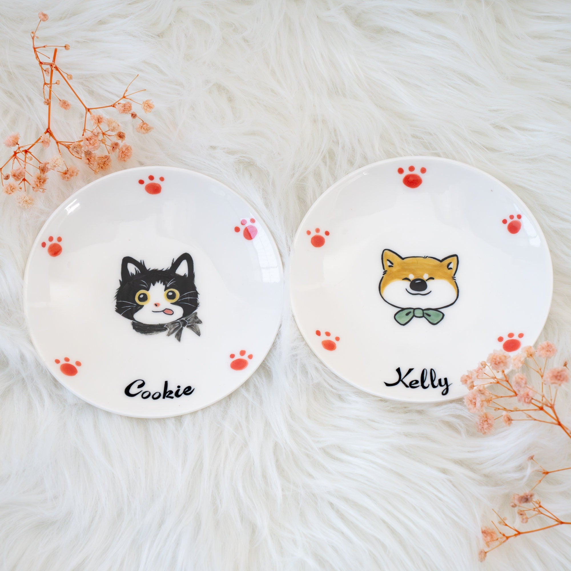 Custom Kawaii Pet Dish Feeding Bowl Cartoon Personlized Ceramic Bowl Memorial Gift Handpainted Free shipping Made in German Pet food Dish