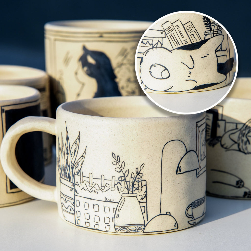 Handmade Sleepy Cat Mug Ceramic Tableware Matte Finish Unique Design Gift For Her Christmas Gift For Pet Lover