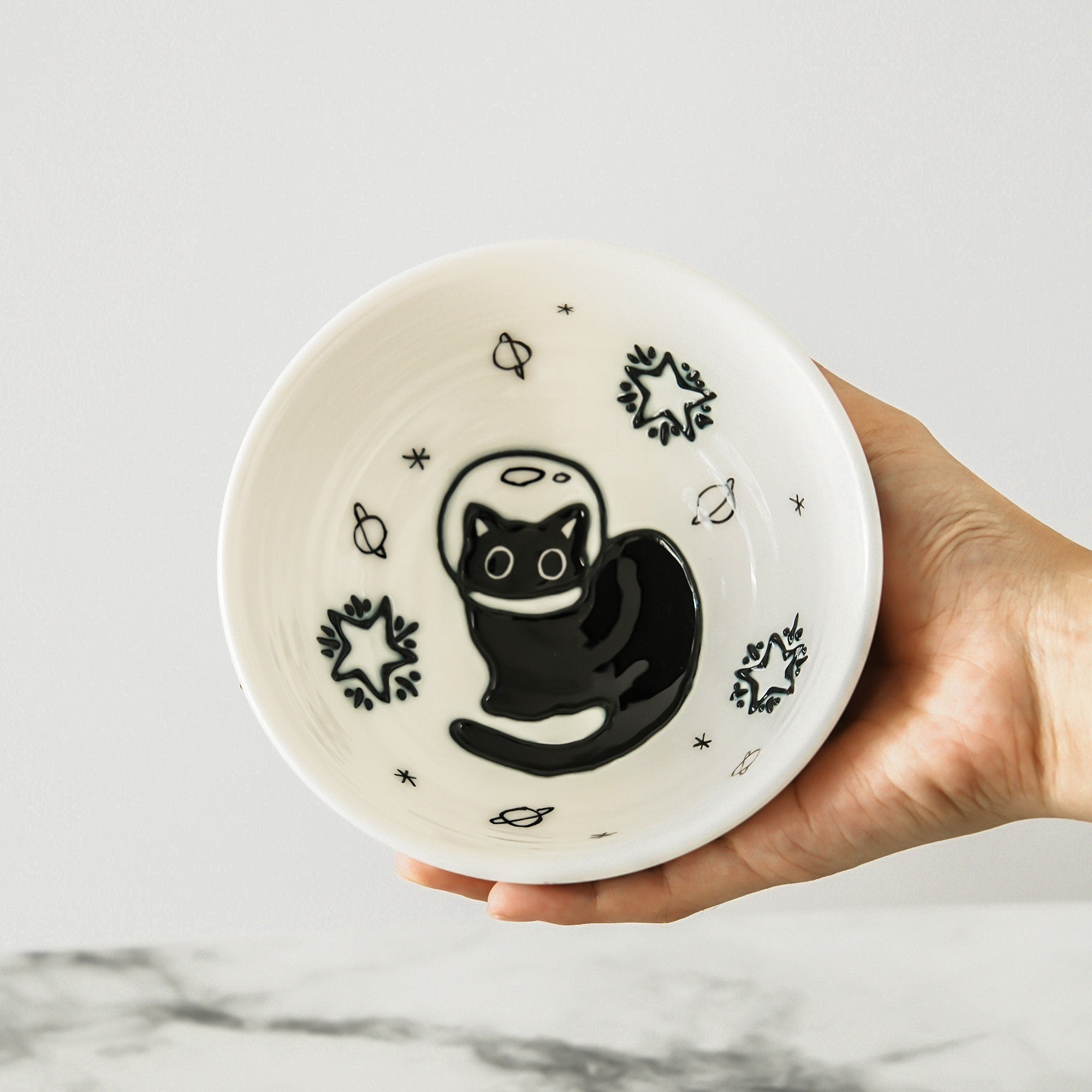 HandPainted Black Cat Ceramic Bowl, Ramen bowl Microwave Safe Pottery, Whimsical Breakfast and Snack Bowl, Perfect Gift for Cat Lovers
