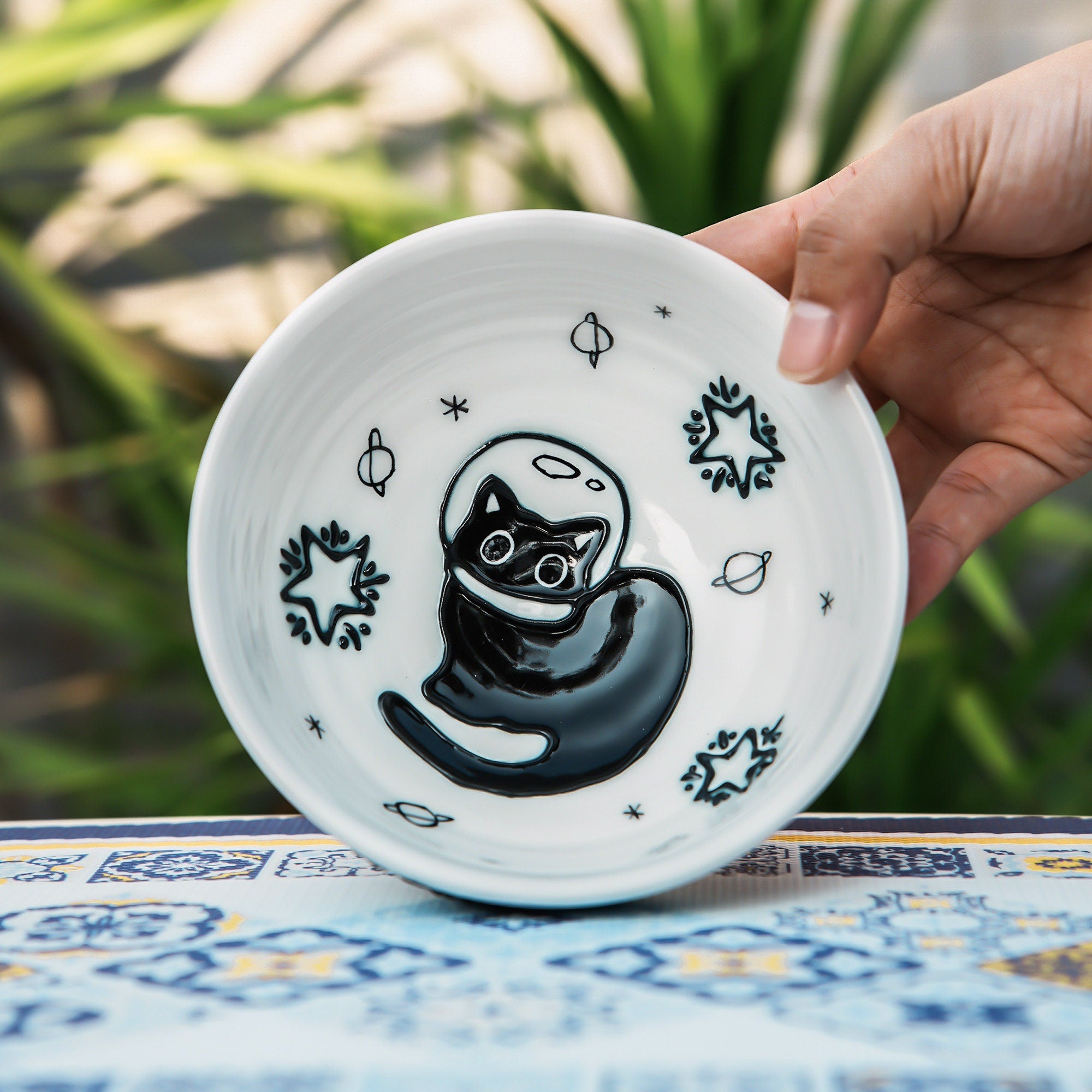 HandPainted Black Cat Ceramic Bowl, Ramen bowl Microwave Safe Pottery, Whimsical Breakfast and Snack Bowl, Perfect Gift for Cat Lovers