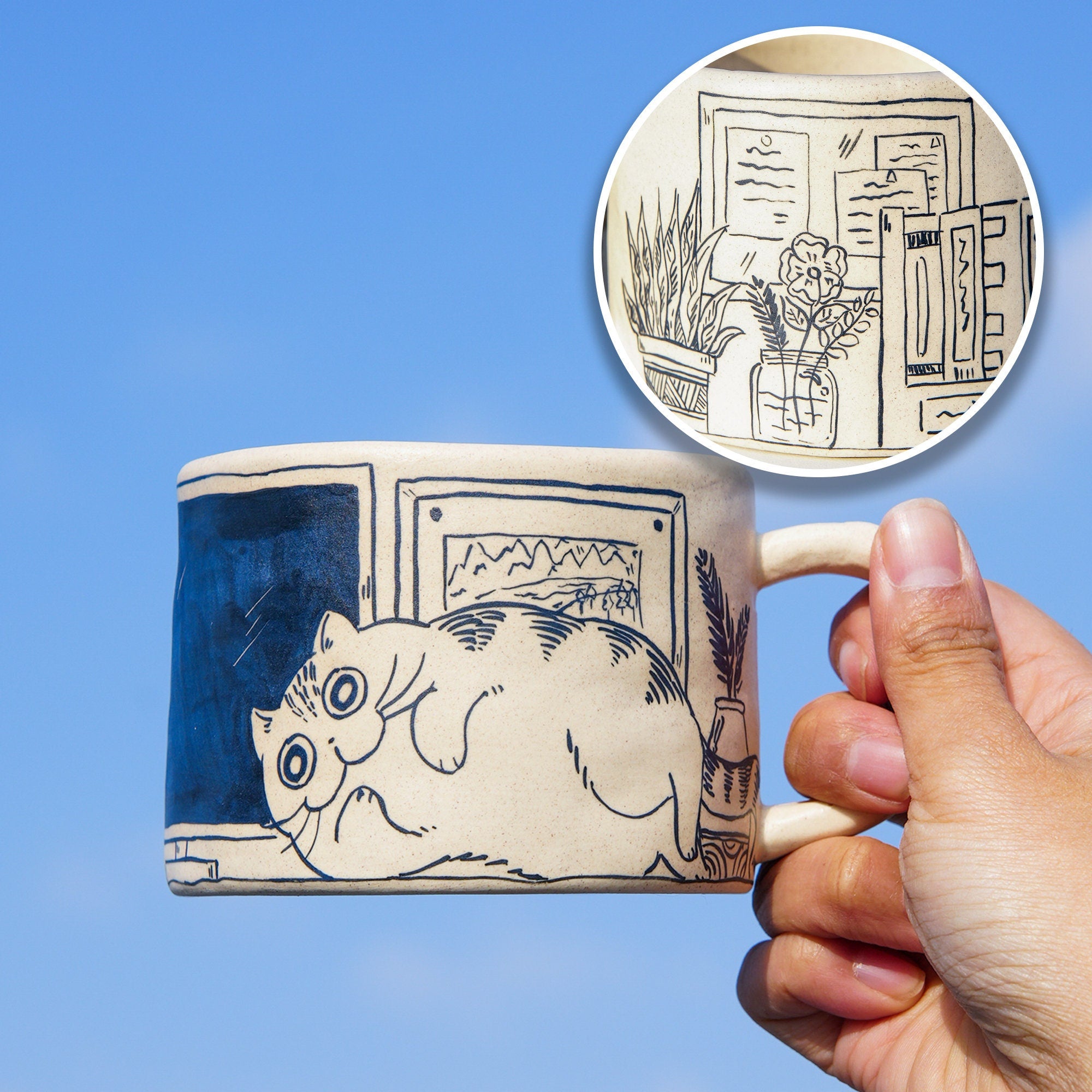 Ceramic Coffee Mugs Handpainted Cat 17ounces Handmade Cat Mug Pottery Mug Cat Mug Great Valentines Day gift birthday gift Housewarming gift
