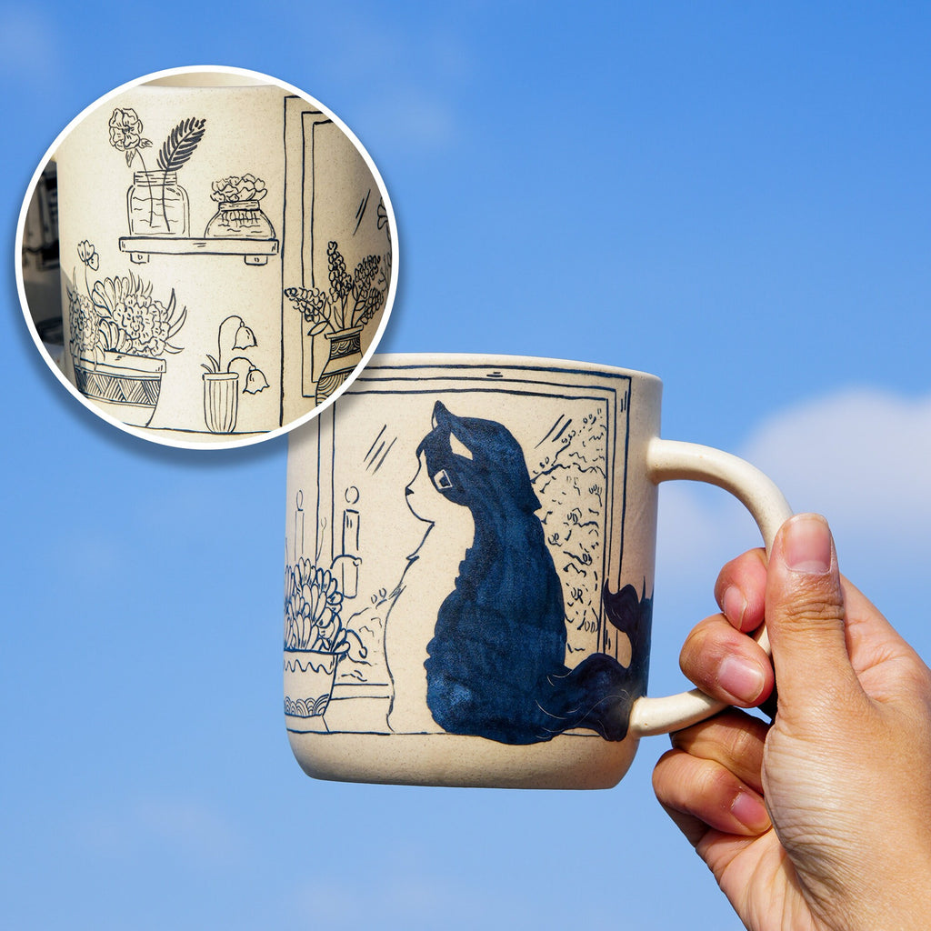 Ceramic Coffee Mugs Handpainted Cat 17ounces Handmade Cat Mug Pottery Mug Cat Mug Great Valentines Day gift birthday gift Housewarming gift