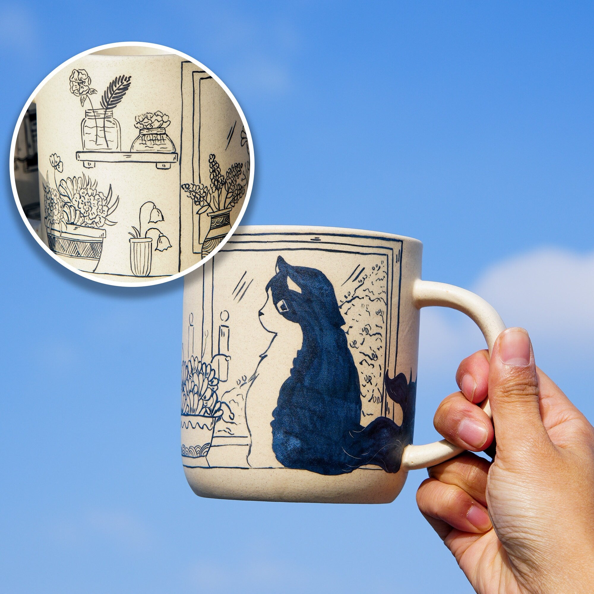 Ceramic Coffee Mugs Handpainted Cat 17ounces Handmade Cat Mug Pottery Mug Cat Mug Great Valentines Day gift birthday gift Housewarming gift