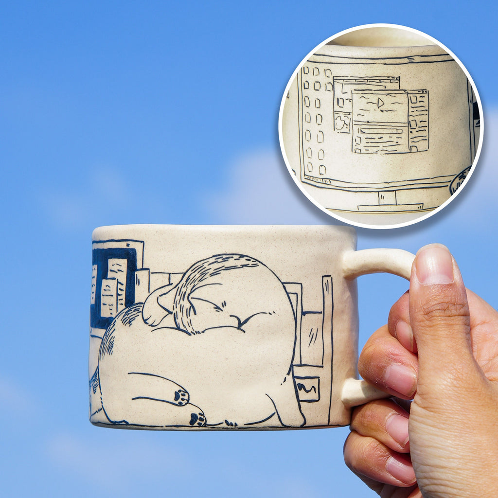 Ceramic Coffee Mugs Handpainted Cat 17ounces Handmade Cat Mug Pottery Mug Cat Mug Great Valentines Day gift birthday gift Housewarming gift