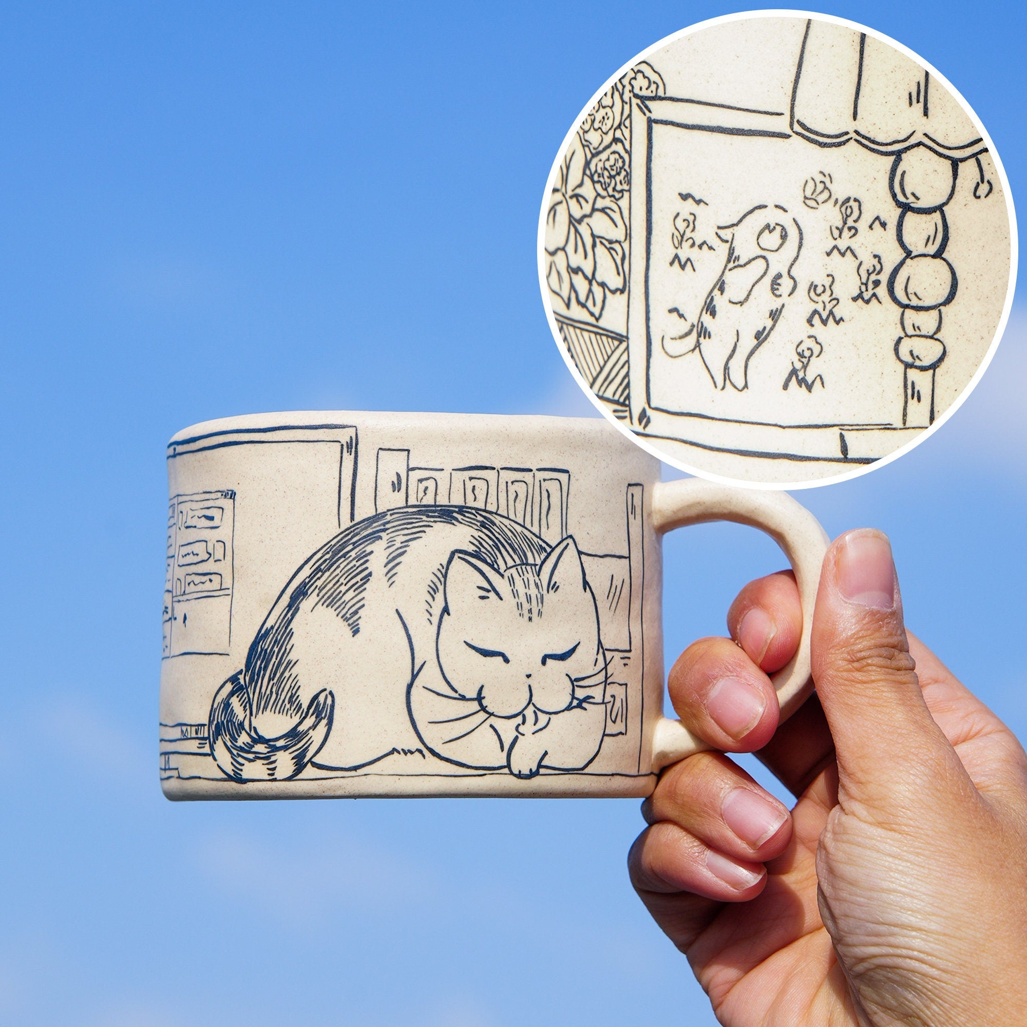 Ceramic Coffee Mugs Handpainted Cat 17ounces Handmade Cat Mug Pottery Mug Cat Mug Great Valentines Day gift birthday gift Housewarming gift