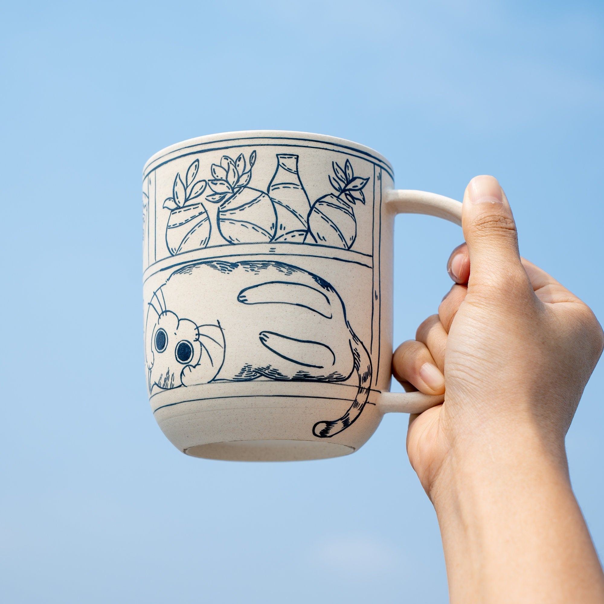 Ceramic Coffee Mugs Handpainted Cat 17ounces Handmade Cat Mug Pottery Mug Cat Mug Great Valentines Day gift birthday gift Housewarming gift