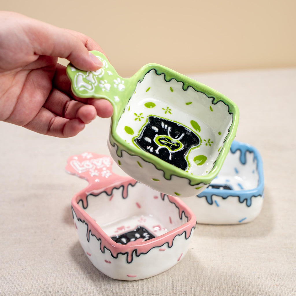 Playful Drip Glaze Cat Dishes - Unique Handmade Ceramic Mini Bowls for Sauces, Snacks, and More in Cheerful Green/Pink/Blue, Pet Lover Gift
