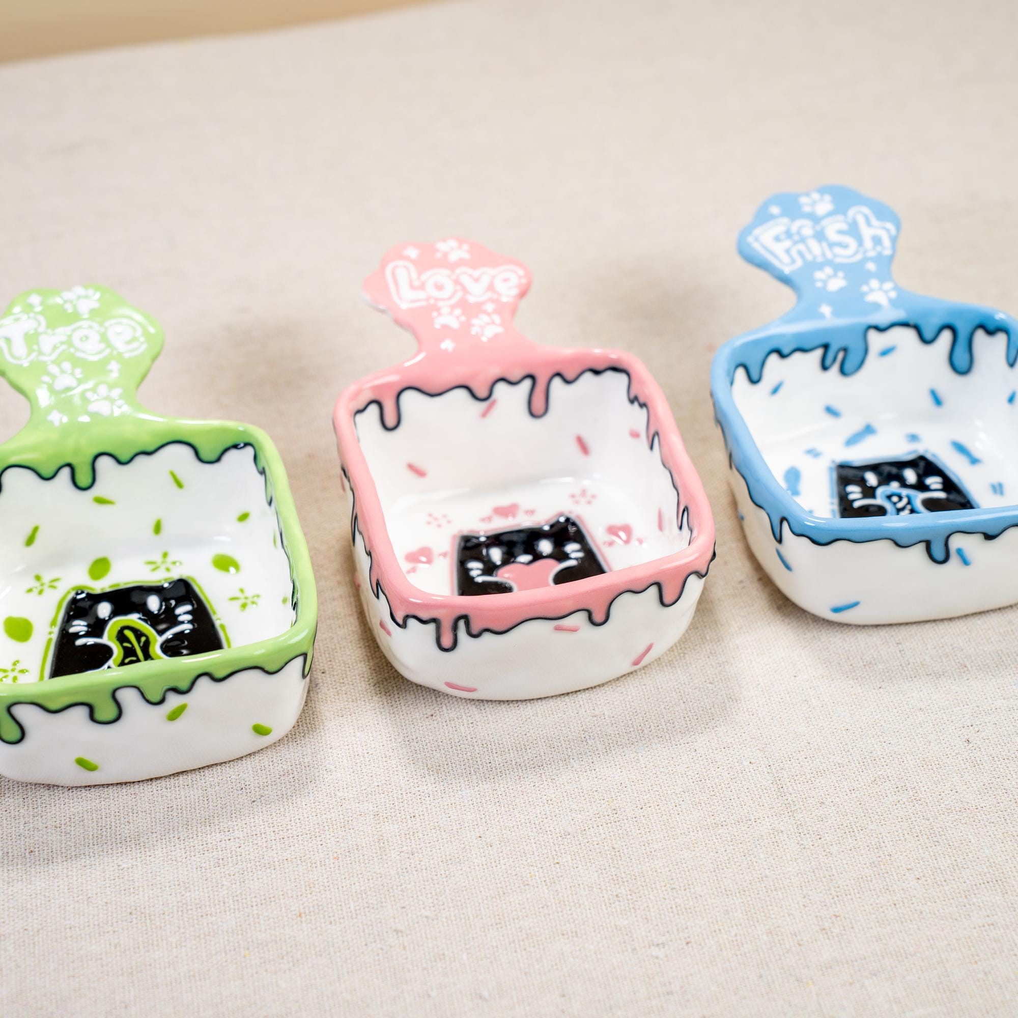 Playful Drip Glaze Cat Dishes - Unique Handmade Ceramic Mini Bowls for Sauces, Snacks, and More in Cheerful Green/Pink/Blue, Pet Lover Gift