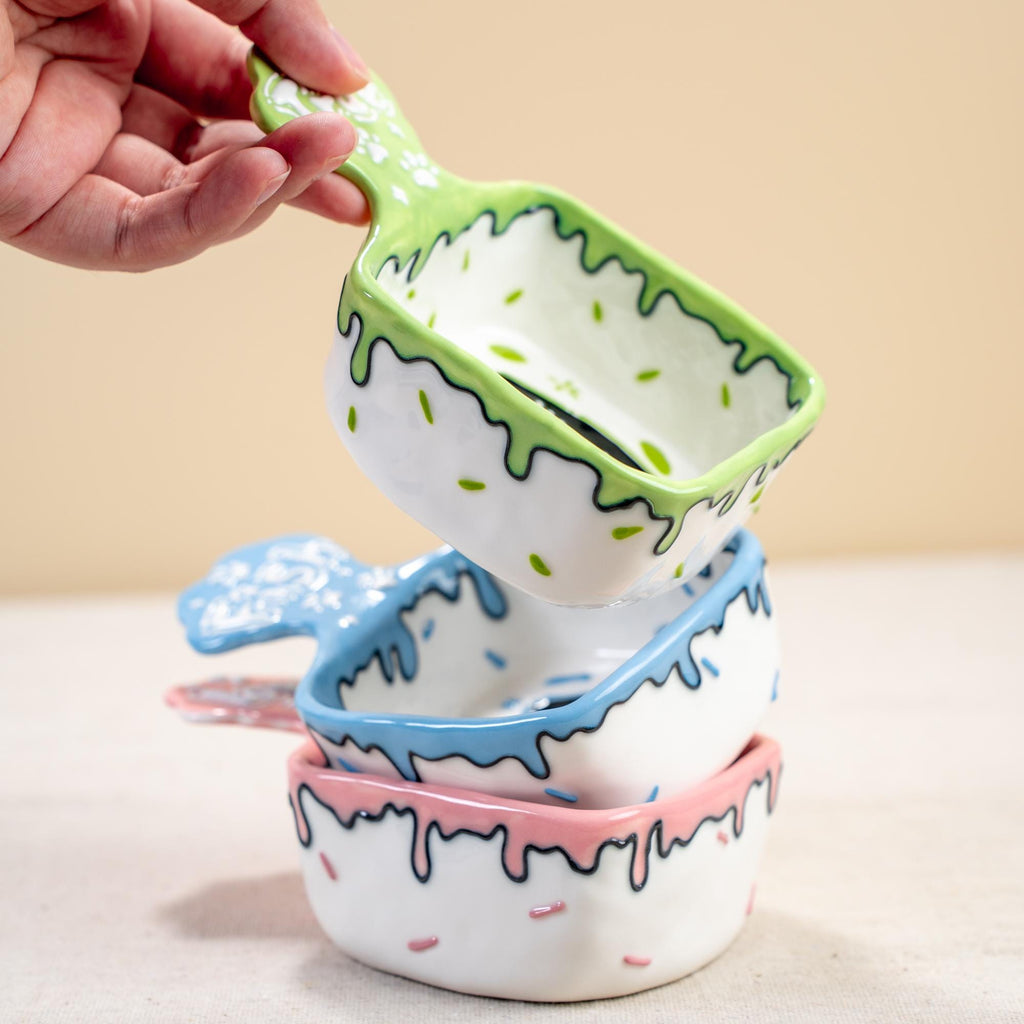 Playful Drip Glaze Cat Dishes - Unique Handmade Ceramic Mini Bowls for Sauces, Snacks, and More in Cheerful Green/Pink/Blue, Pet Lover Gift
