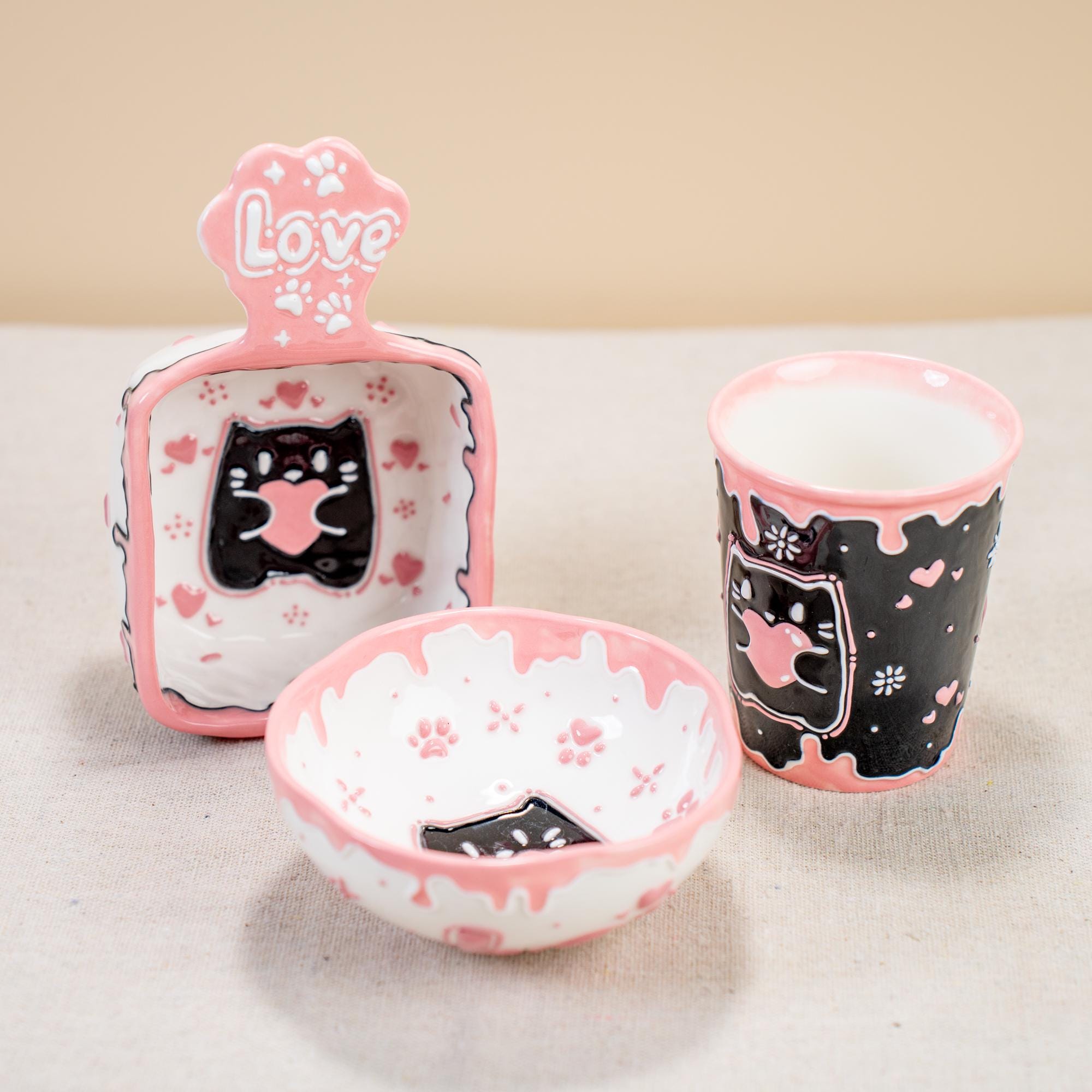 Party Cat Ceramic Kitchenware Collection: Pink Rind Dish/Jewelry Dish/Snack Bowl/Ice Cream Bowl, Black Kitty Small Coffee Mug, Handmade Gift