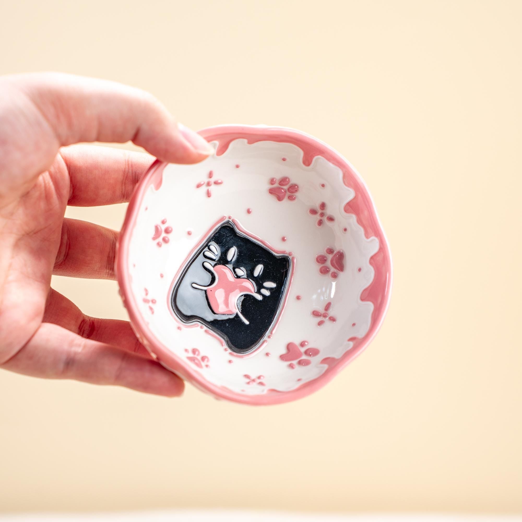 Party Cat Ceramic Kitchenware Collection: Pink Rind Dish/Jewelry Dish/Snack Bowl/Ice Cream Bowl, Black Kitty Small Coffee Mug, Handmade Gift