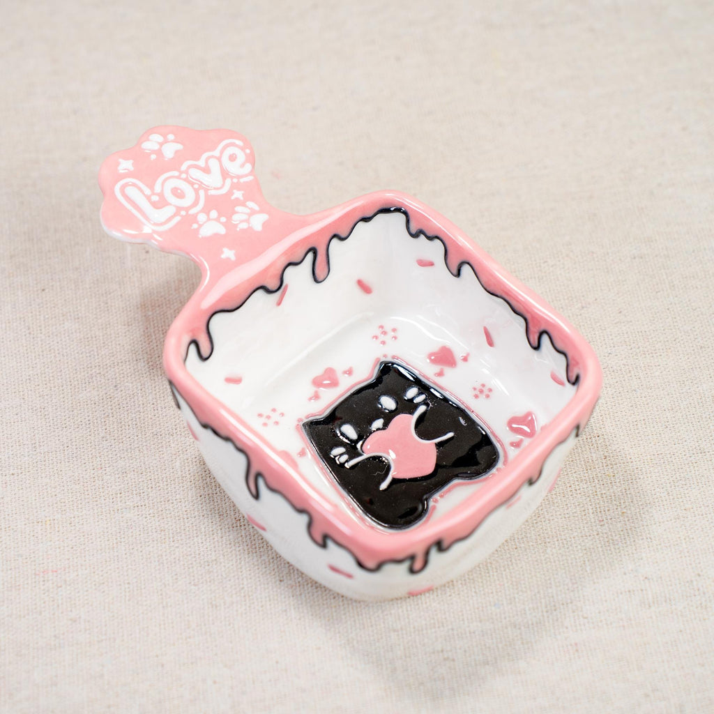 Party Cat Ceramic Kitchenware Collection: Pink Rind Dish/Jewelry Dish/Snack Bowl/Ice Cream Bowl, Black Kitty Small Coffee Mug, Handmade Gift