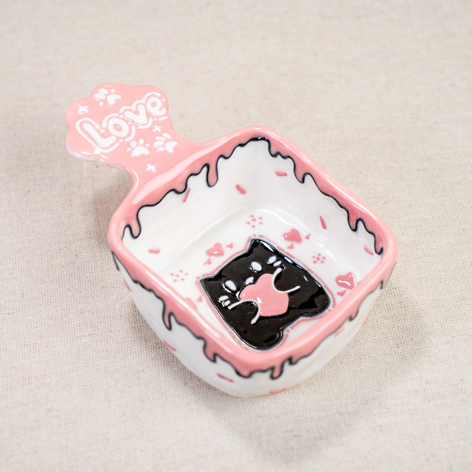 Party Cat Ceramic Kitchenware Collection: Pink Rind Dish/Jewelry Dish/Snack Bowl/Ice Cream Bowl, Black Kitty Small Coffee Mug, Handmade Gift