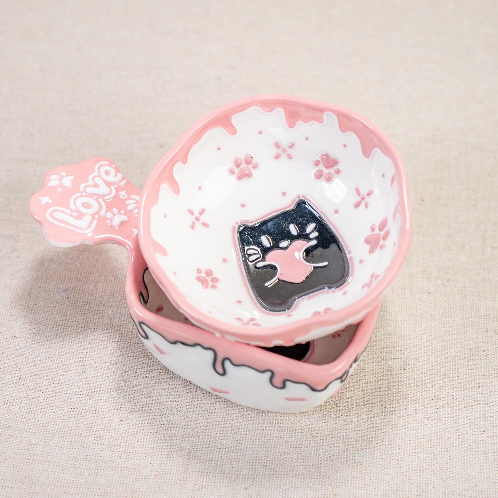 Party Cat Ceramic Kitchenware Collection: Pink Rind Dish/Jewelry Dish/Snack Bowl/Ice Cream Bowl, Black Kitty Small Coffee Mug, Handmade Gift