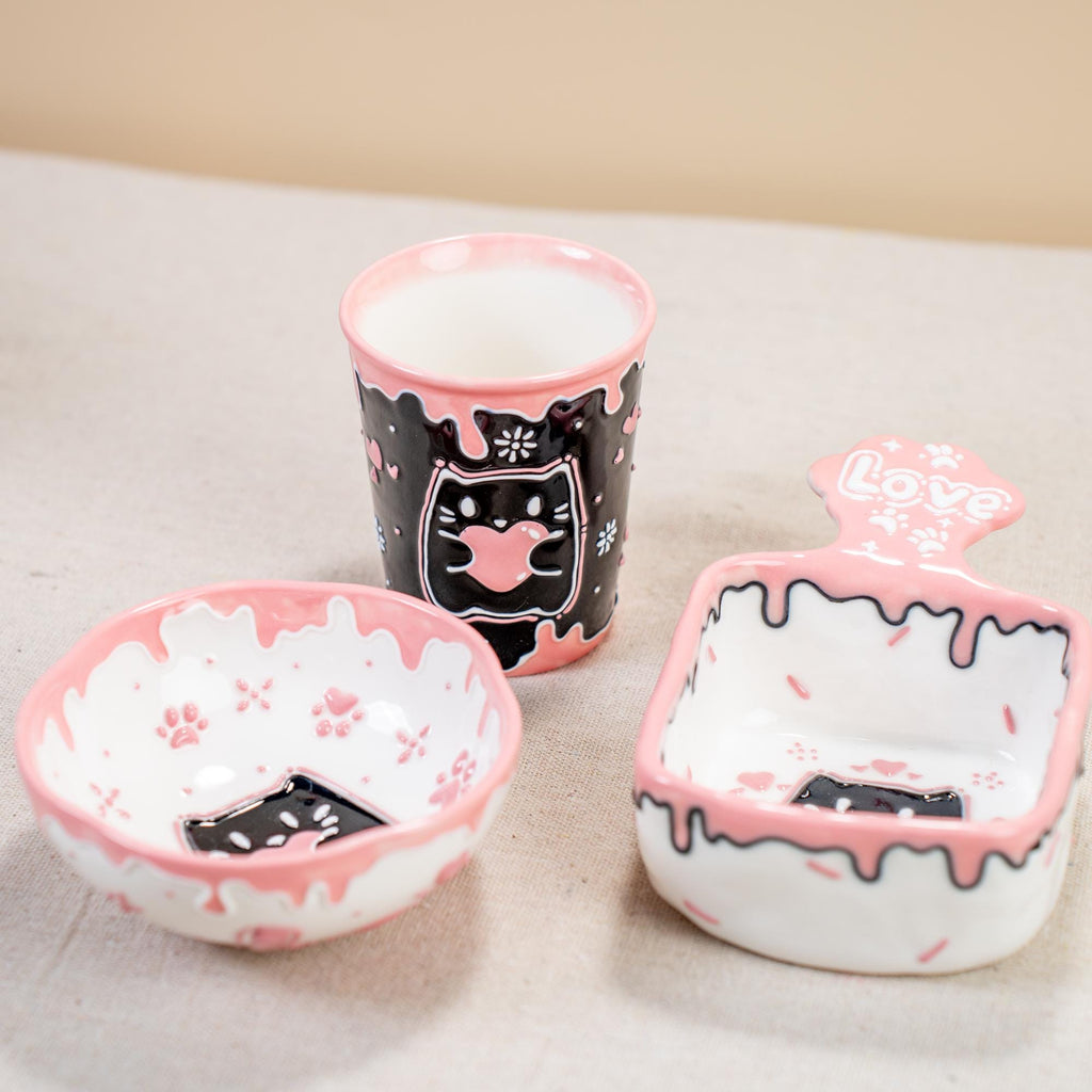 Party Cat Ceramic Kitchenware Collection: Pink Rind Dish/Jewelry Dish/Snack Bowl/Ice Cream Bowl, Black Kitty Small Coffee Mug, Handmade Gift