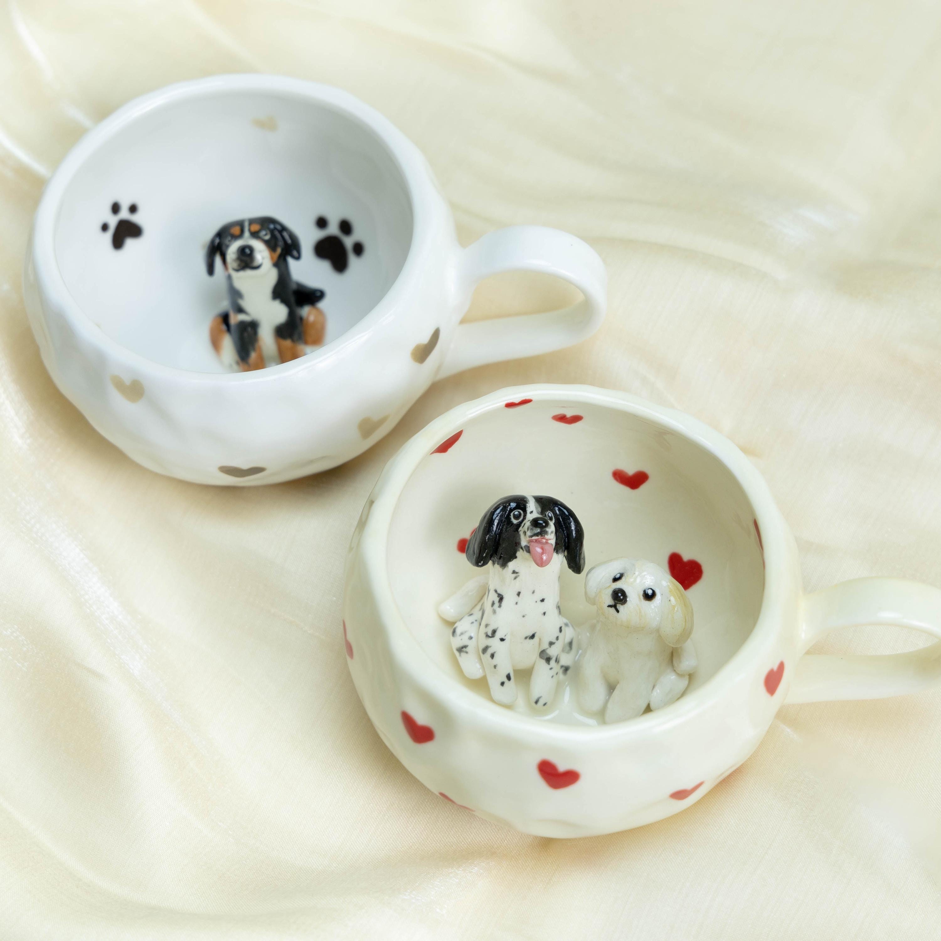Custom Cute Pet Mug Handmade Personlized Pet inside Cute Paw Mug Handpainted Red Hearts Dog Mug Great Memorial  Gift for Cat Lover Y2K