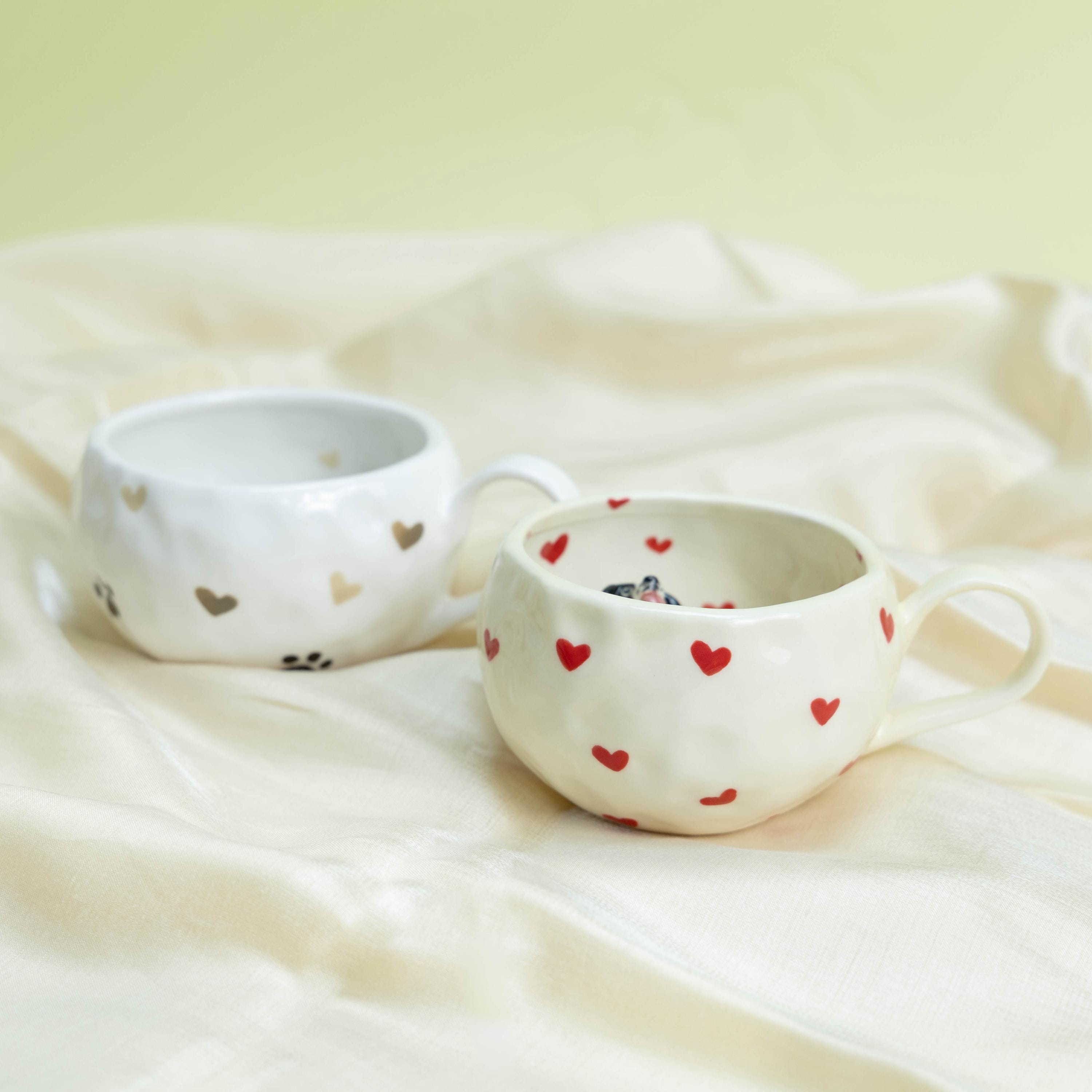 Custom Cute Pet Mug Handmade Personlized Pet inside Cute Paw Mug Handpainted Red Hearts Dog Mug Great Memorial  Gift for Cat Lover Y2K