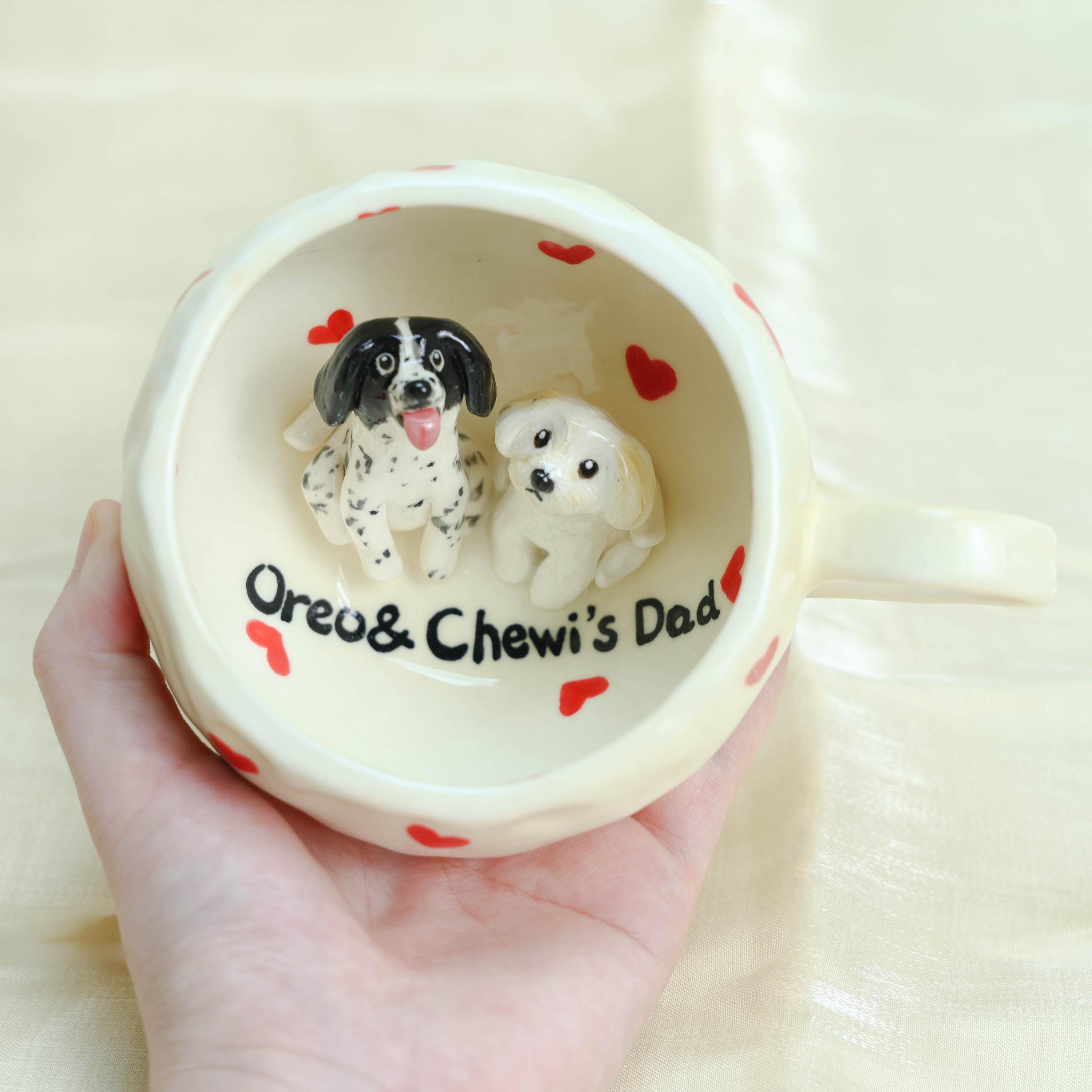 Custom Cute Pet Mug Handmade Personlized Pet inside Cute Paw Mug Handpainted Red Hearts Dog Mug Great Memorial  Gift for Cat Lover Y2K