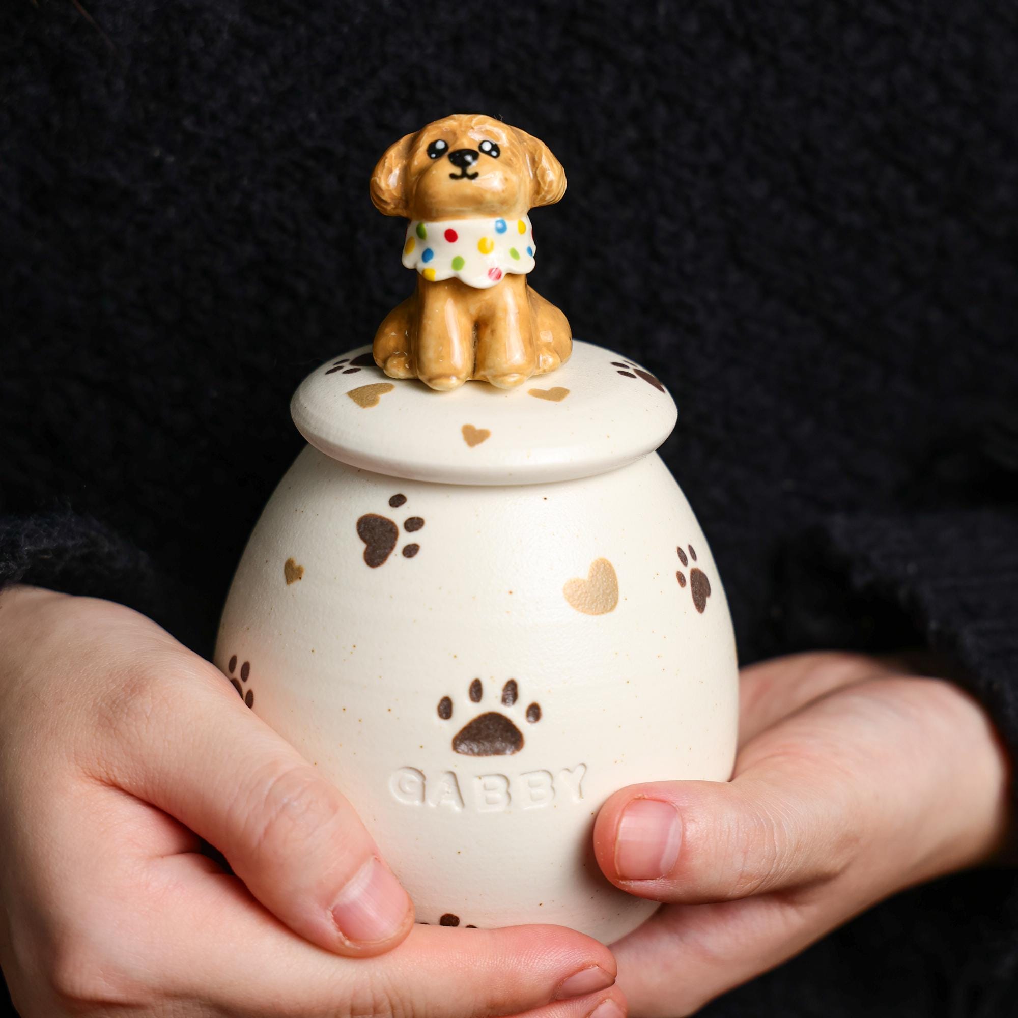 Custom Ceramic Pet Urn for Ashes - Personalized Dog or Cat Memorial Jar with Figurine&Clothe Handmade Forget Me Not Keepsake Pet Loss Gift