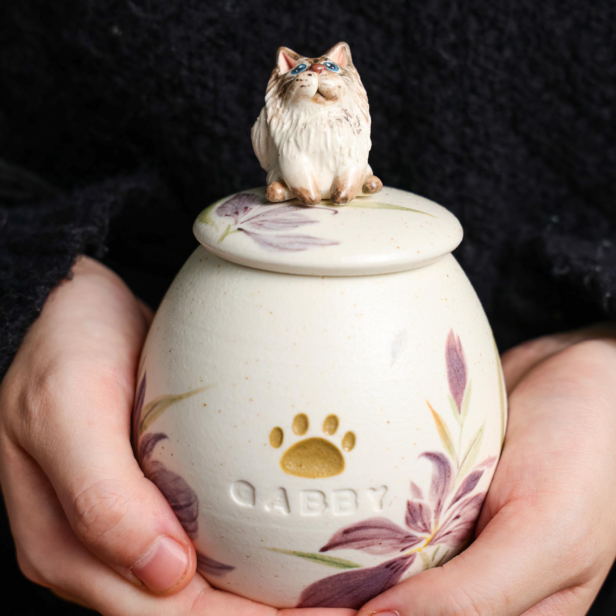 Custom Ceramic Pet Urn for Ashes - Personalized Dog or Cat Memorial Jar with Figurine&Clothe Handmade Forget Me Not Keepsake Pet Loss Gift