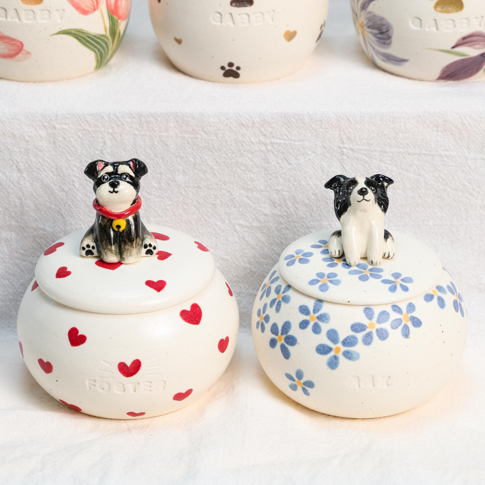 Custom Ceramic Pet Urn for Ashes - Personalized Dog or Cat Memorial Jar with Figurine&Clothe Handmade Forget Me Not Keepsake Pet Loss Gift
