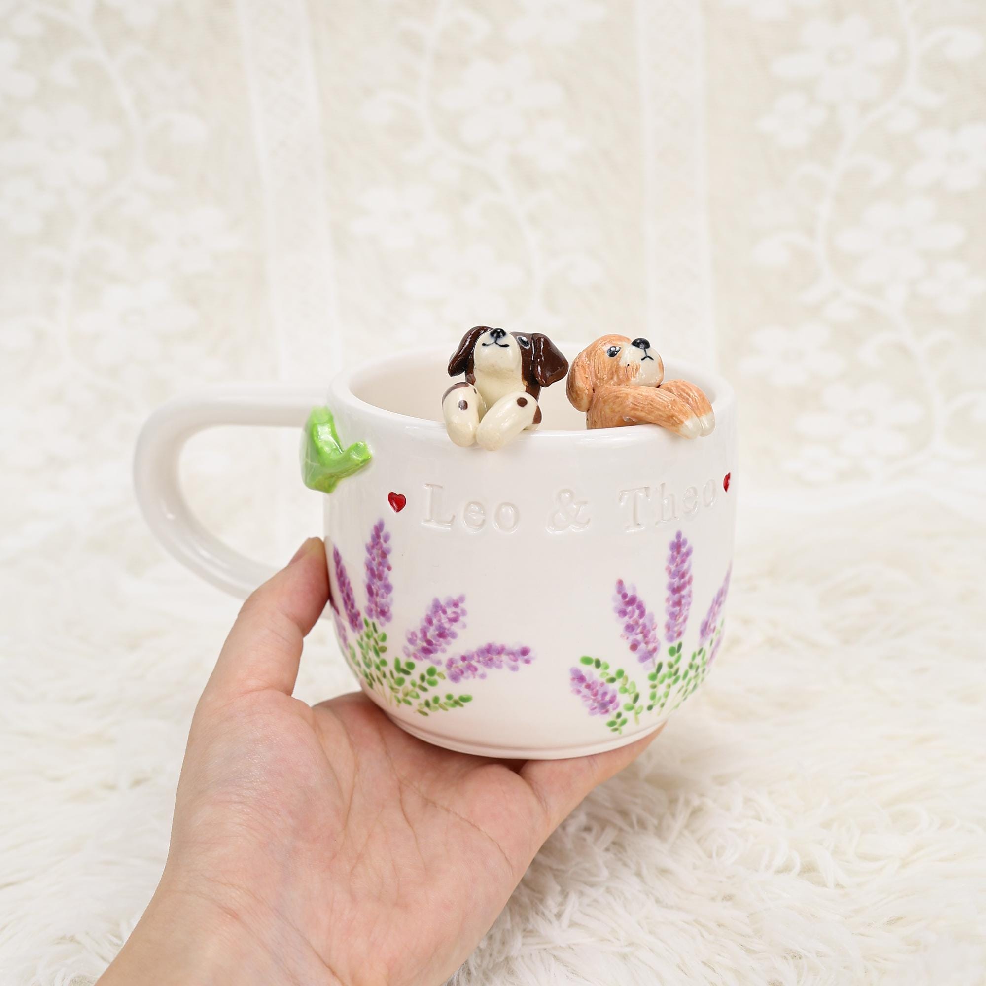 Custom Pet Coffee Mug Lavender Ceramic Peekaboo Cat Heart Mug Birthday Pet Owner Family Gift Cute Dog Puppy Cappuccino Mug Hidden Cup