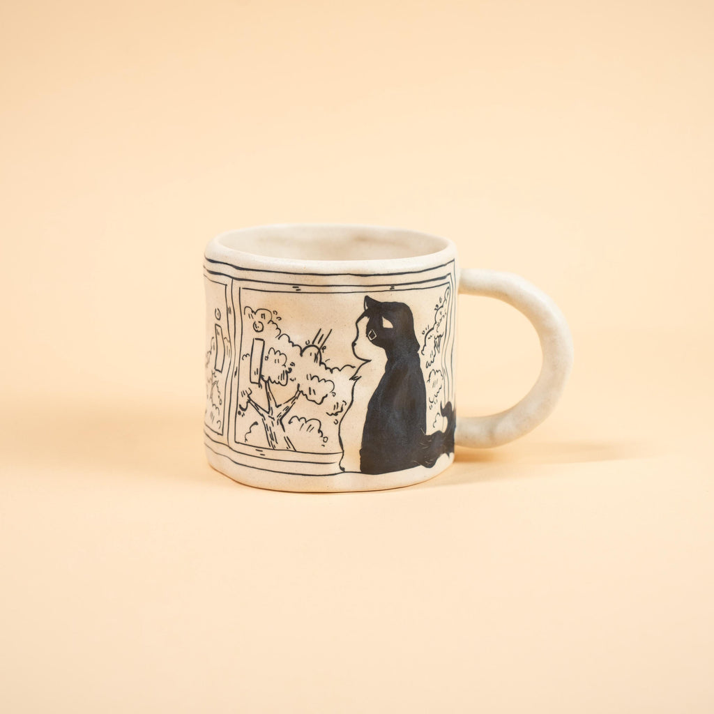Handmade Ceramic Cat Mug Black Cat Coffee Cup Pottery Comic Style Hand Painted Unique Cat Lover Gift Whimsical Illustrated Ceramic Mug