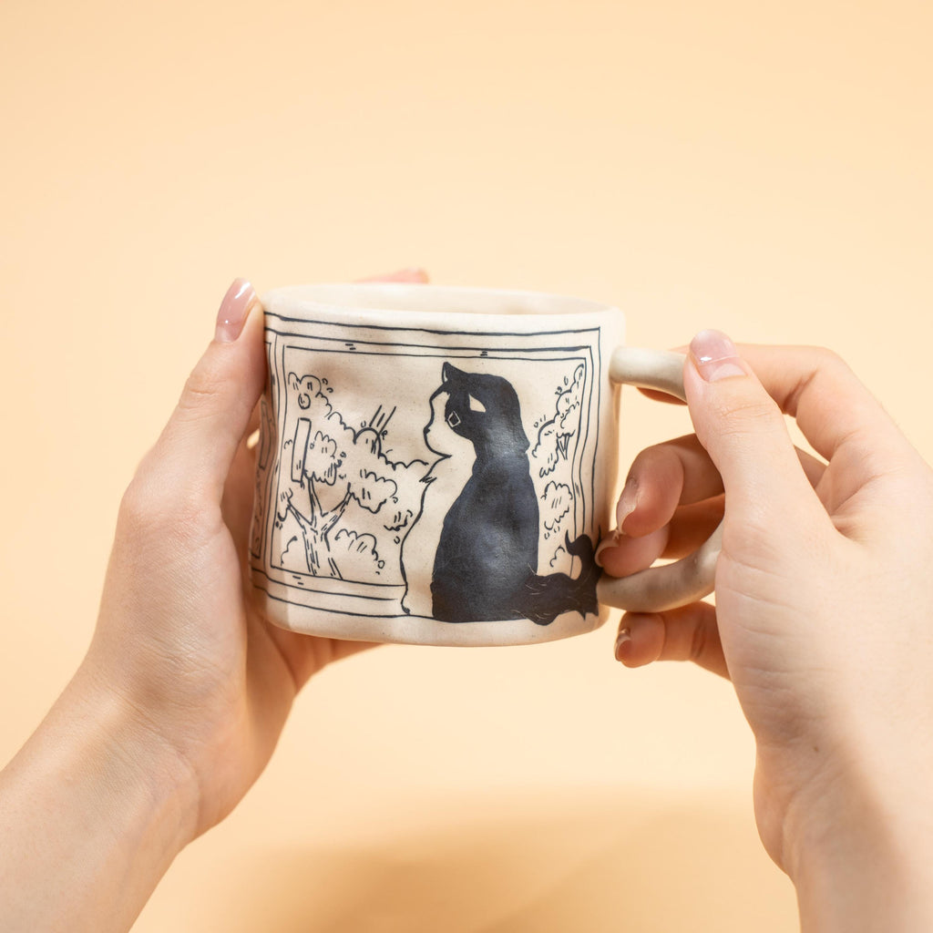 Handmade Ceramic Cat Mug Black Cat Coffee Cup Pottery Comic Style Hand Painted Unique Cat Lover Gift Whimsical Illustrated Ceramic Mug