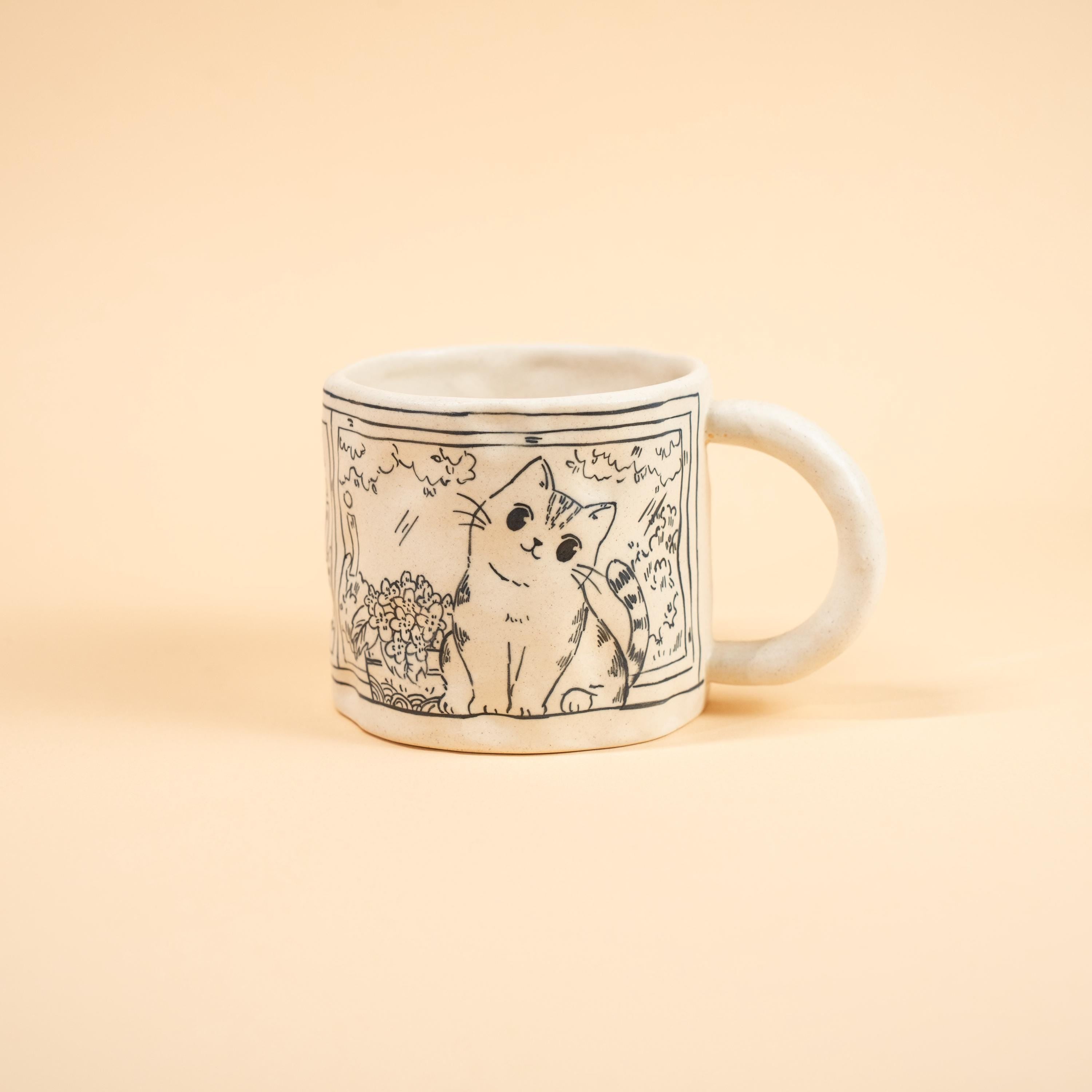 Ceramic Happy Cat Mug Floral Window Illustration Pottery Cup Cute Tabby Kitty Coffee Tea Gift Sketch Art Style Cottagecore