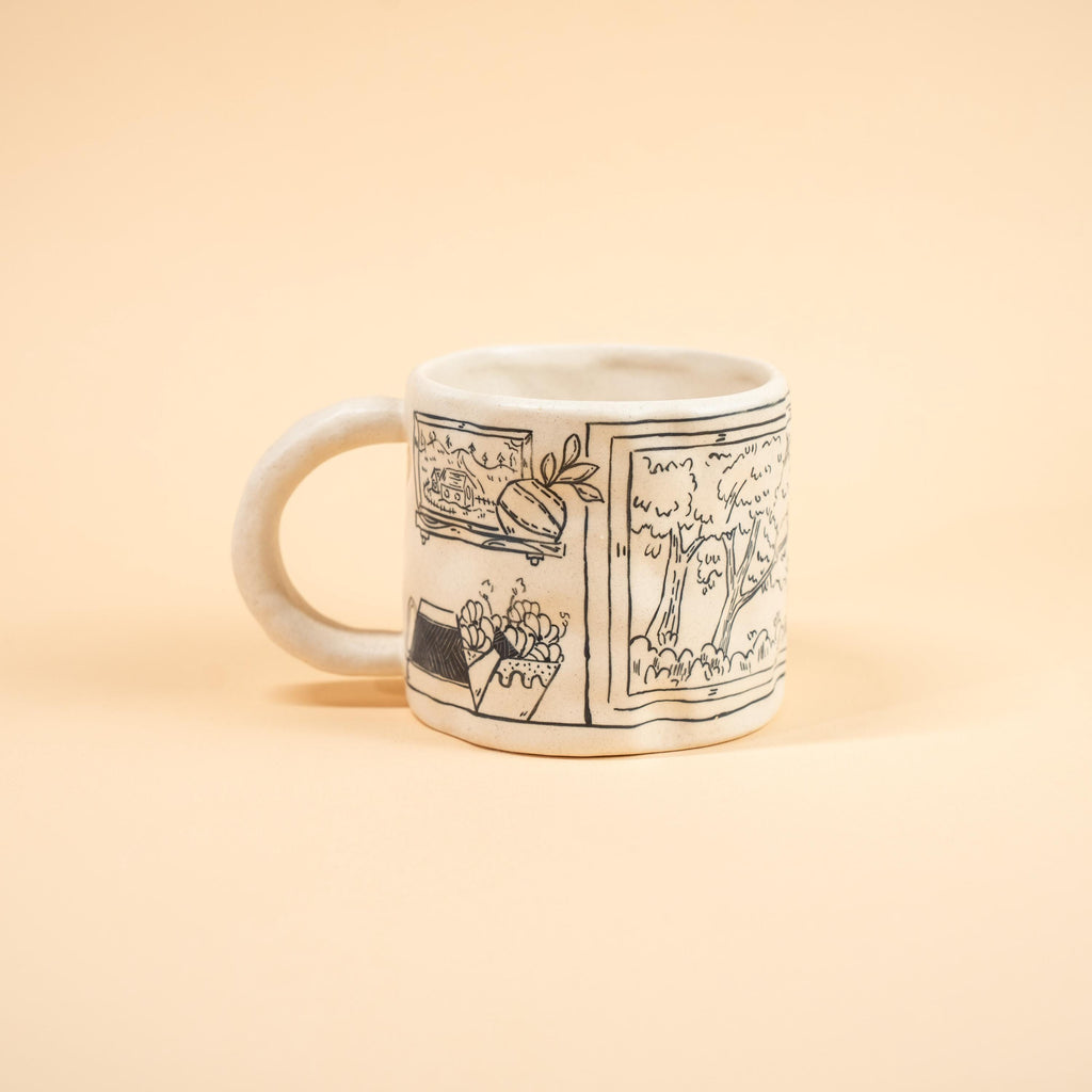 Ceramic Happy Cat Mug Floral Window Illustration Pottery Cup Cute Tabby Kitty Coffee Tea Gift Sketch Art Style Cottagecore