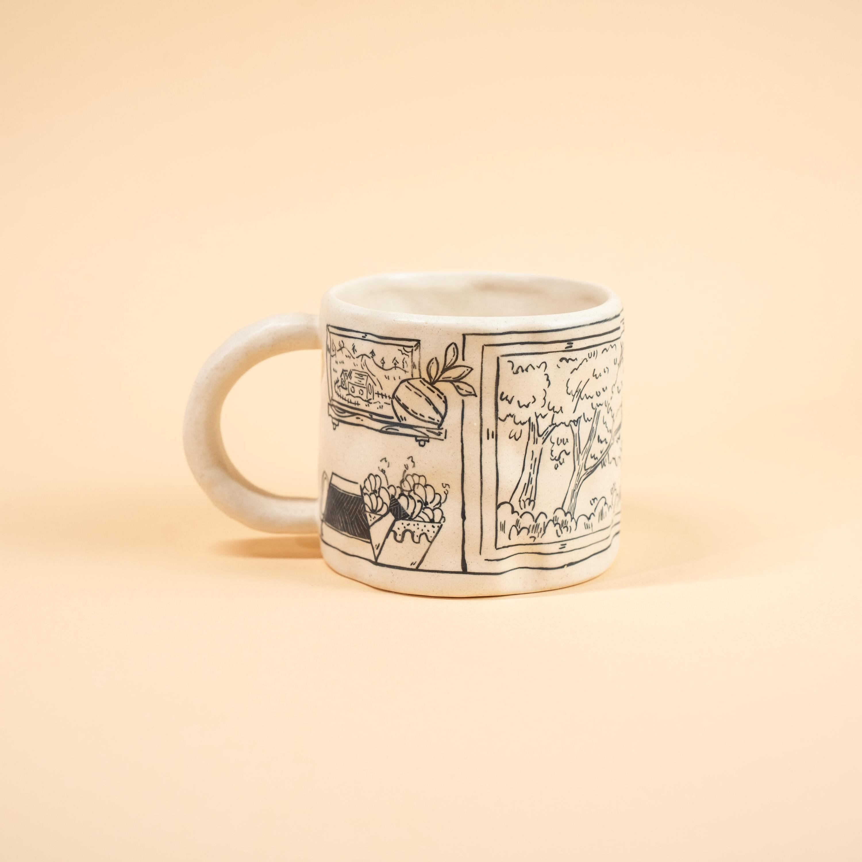 Ceramic Happy Cat Mug Floral Window Illustration Pottery Cup Cute Tabby Kitty Coffee Tea Gift Sketch Art Style Cottagecore