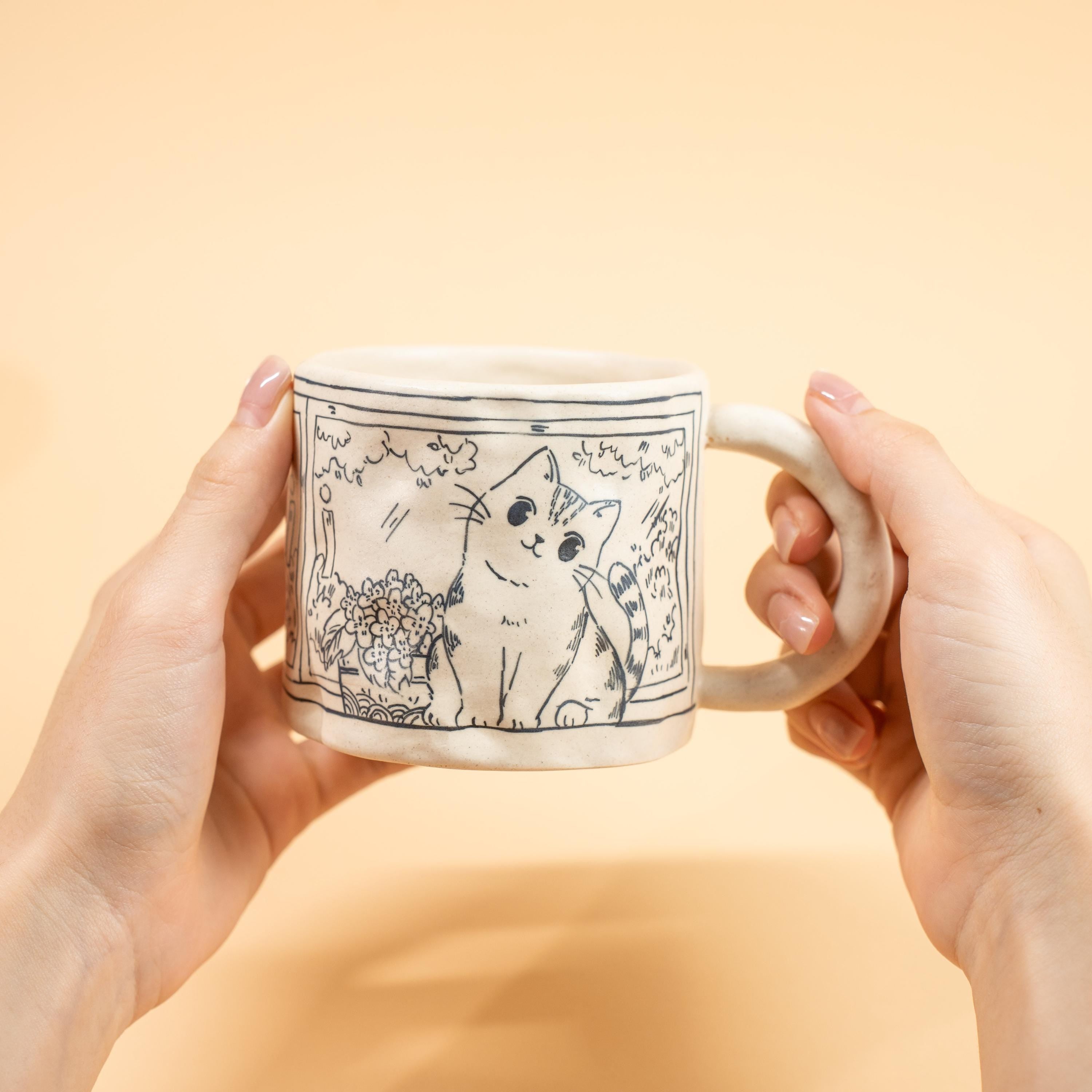 Ceramic Happy Cat Mug Floral Window Illustration Pottery Cup Cute Tabby Kitty Coffee Tea Gift Sketch Art Style Cottagecore