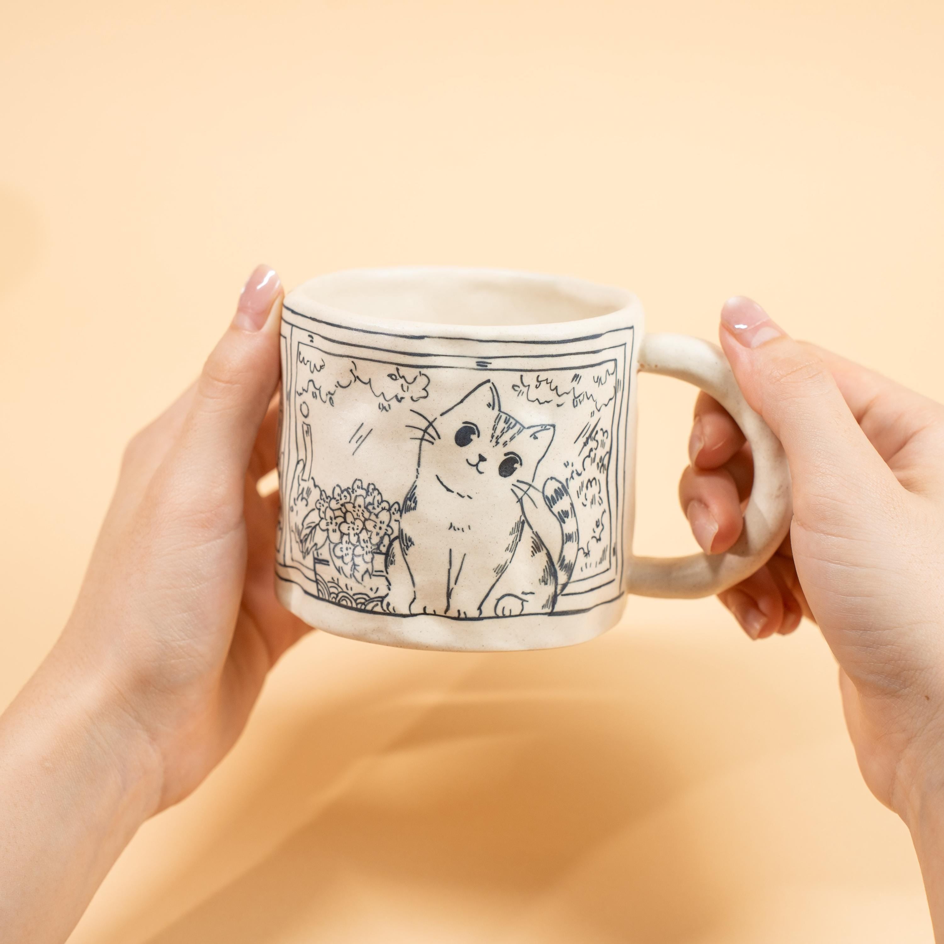 Ceramic Happy Cat Mug Floral Window Illustration Pottery Cup Cute Tabby Kitty Coffee Tea Gift Sketch Art Style Cottagecore