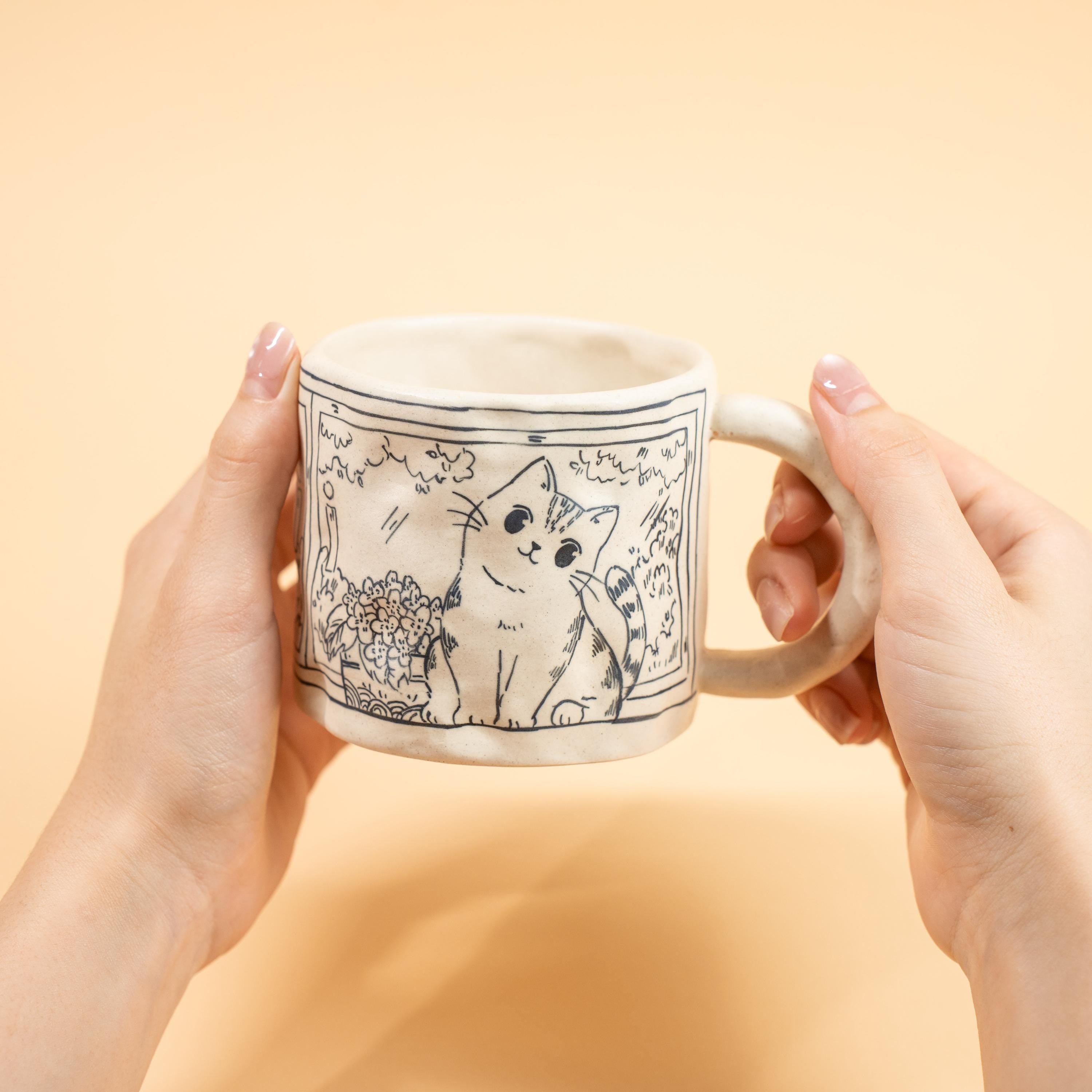 Ceramic Happy Cat Mug Floral Window Illustration Pottery Cup Cute Tabby Kitty Coffee Tea Gift Sketch Art Style Cottagecore