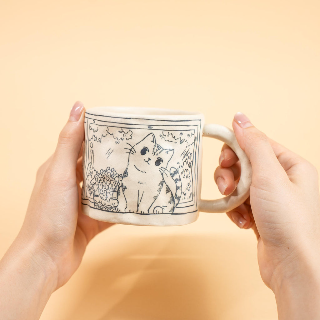 Ceramic Happy Cat Mug Floral Window Illustration Pottery Cup Cute Tabby Kitty Coffee Tea Gift Sketch Art Style Cottagecore