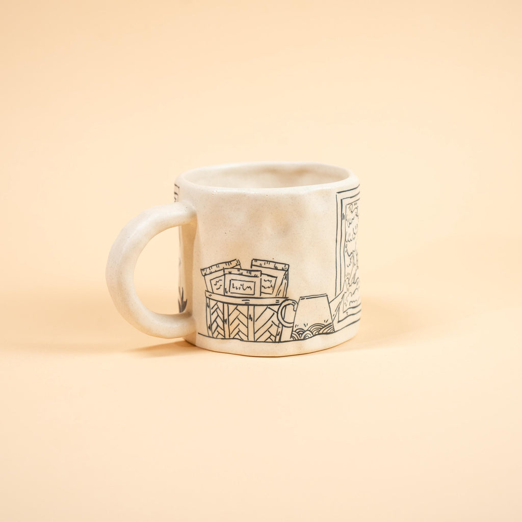 Handmade Ceramic Cat Mug Black Cat Coffee Cup Pottery Comic Style Hand Painted Unique Cat Lover Gift Whimsical Illustrated Ceramic Mug