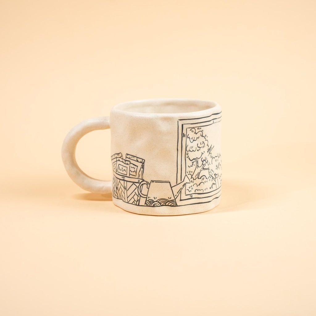 Handmade Ceramic Cat Mug Black Cat Coffee Cup Pottery Comic Style Hand Painted Unique Cat Lover Gift Whimsical Illustrated Ceramic Mug