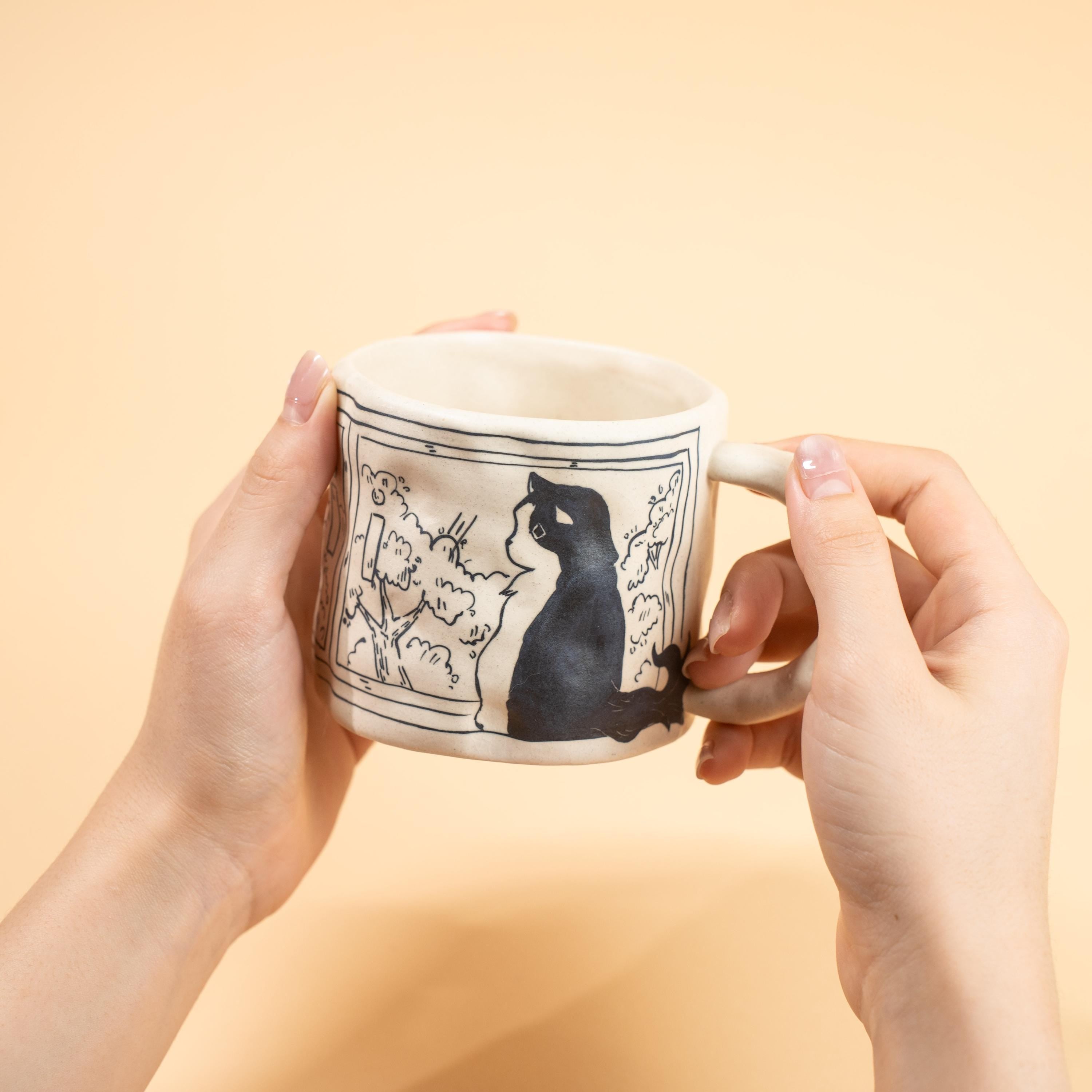 Handmade Ceramic Cat Mug Black Cat Coffee Cup Pottery Comic Style Hand Painted Unique Cat Lover Gift Whimsical Illustrated Ceramic Mug