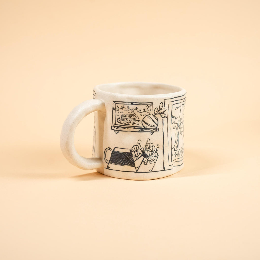 Ceramic Happy Cat Mug Floral Window Illustration Pottery Cup Cute Tabby Kitty Coffee Tea Gift Sketch Art Style Cottagecore