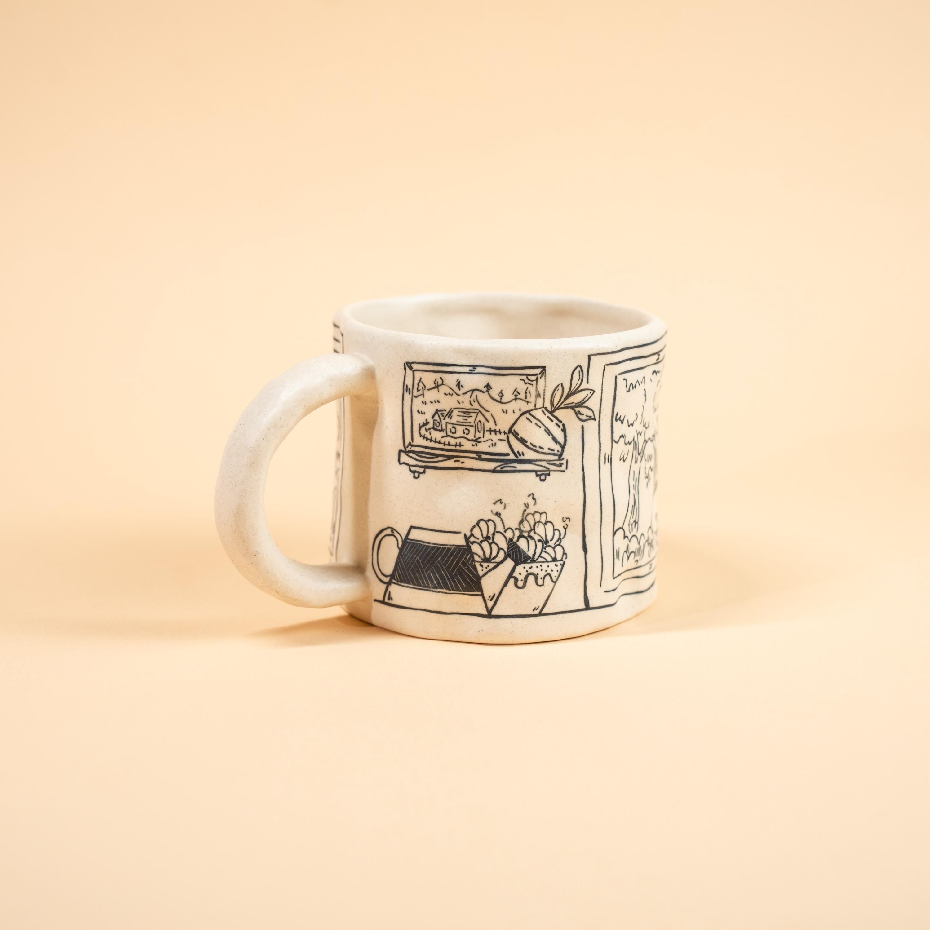 Ceramic Happy Cat Mug Floral Window Illustration Pottery Cup Cute Tabby Kitty Coffee Tea Gift Sketch Art Style Cottagecore