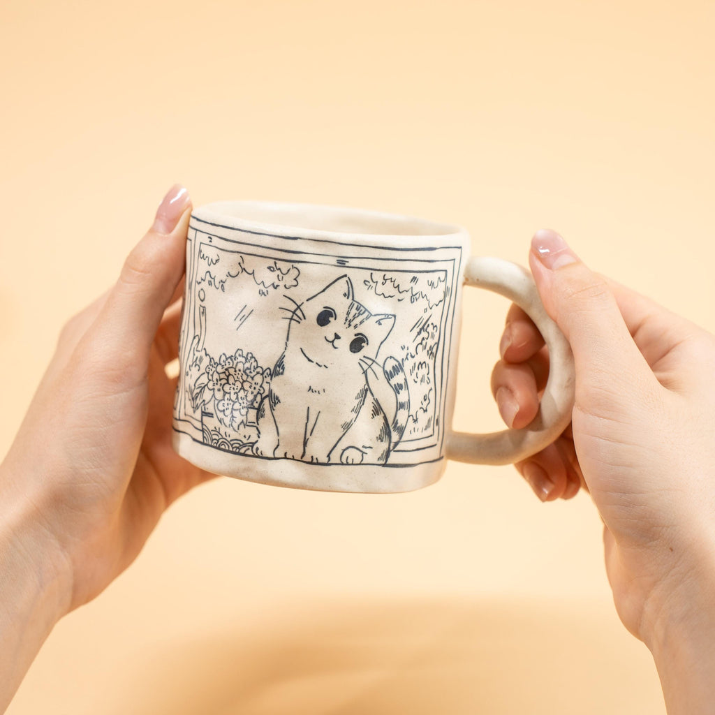 Ceramic Happy Cat Mug Floral Window Illustration Pottery Cup Cute Tabby Kitty Coffee Tea Gift Sketch Art Style Cottagecore
