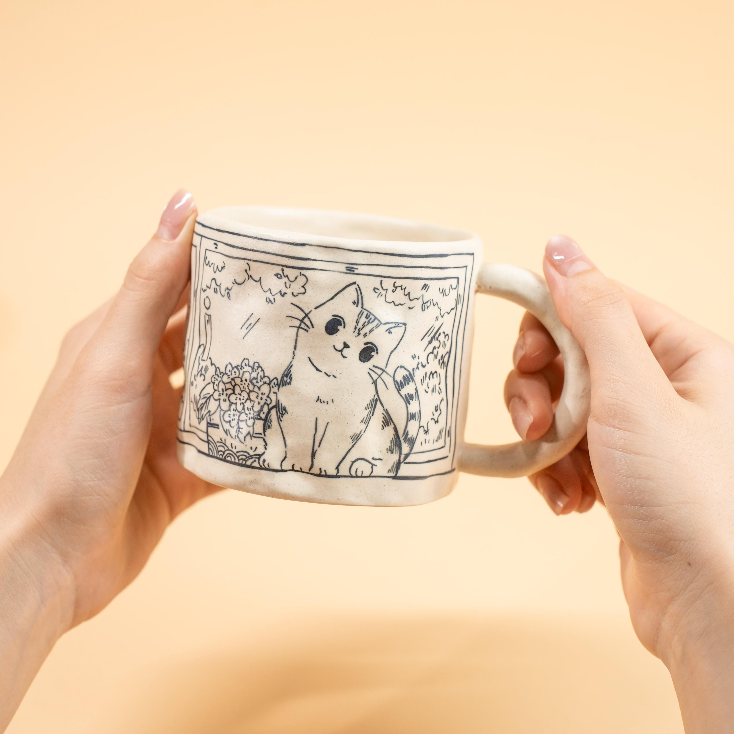 Ceramic Happy Cat Mug Floral Window Illustration Pottery Cup Cute Tabby Kitty Coffee Tea Gift Sketch Art Style Cottagecore